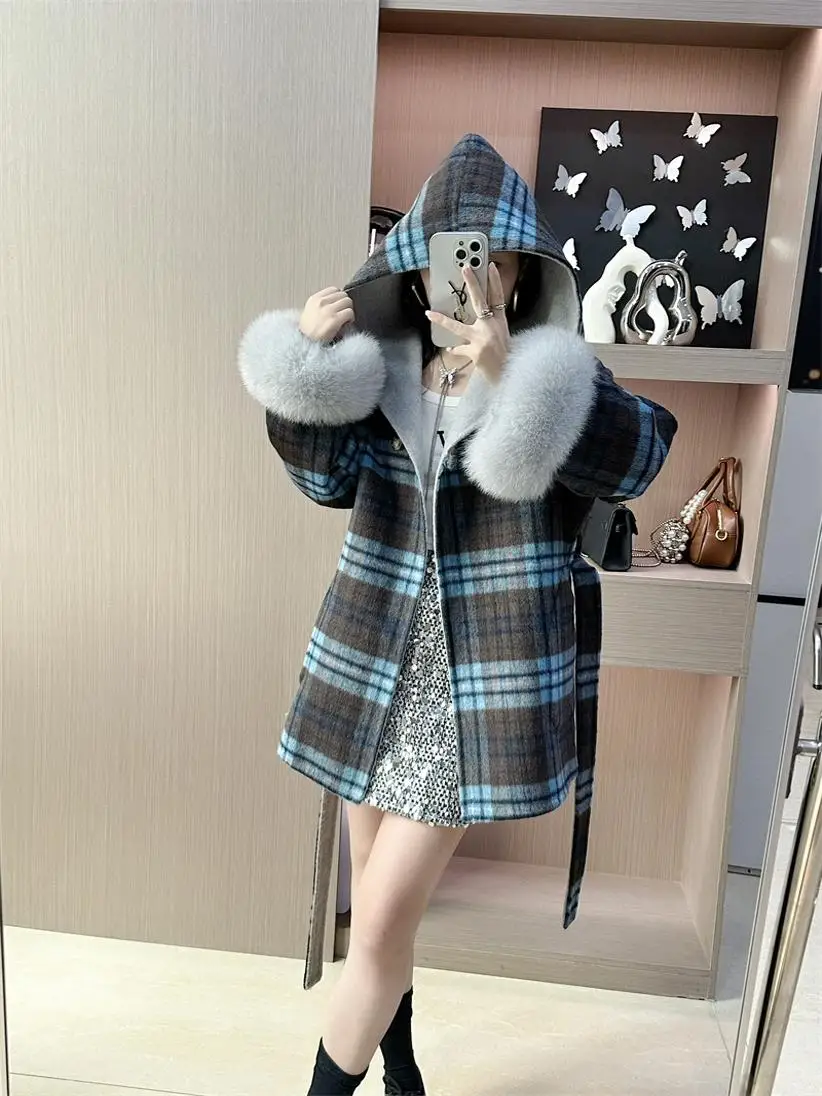 Winter Vintage Warm Loose Plaid Coat Women Korean Fashion Long Sleeve Hooded Overcoat Design Chic Lace Up Square Overcoat New