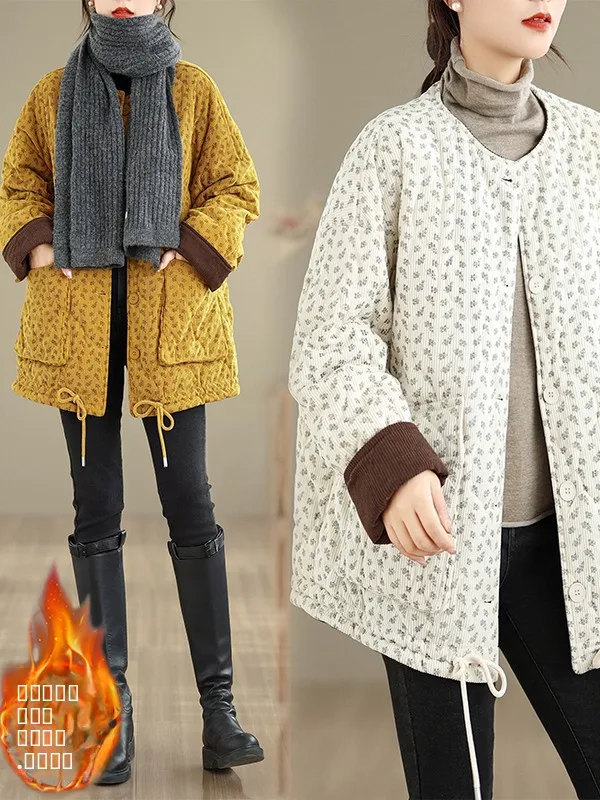 Verdickte Baumwolle gepolsterte Jaet runde Ne Print Cord Oberbekleidung Warm Fce Damen Mantel Winter Pendeln Sle Loose Fit