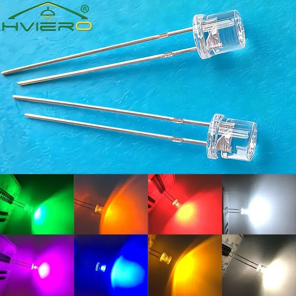 100pc Min F5 5mm Flat Top White Red Pink Yellow Blue Wide Angle Light Diode Water Clear LED Bead Ultra Bright Bulb Emitting Lamp