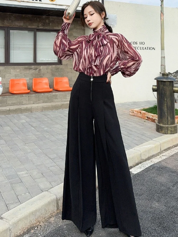 

Classic Leopard Print Long Sve Chiffon irt High Waist Wide Leg Pants Set Women's Faion Summer 2025 New Arrival