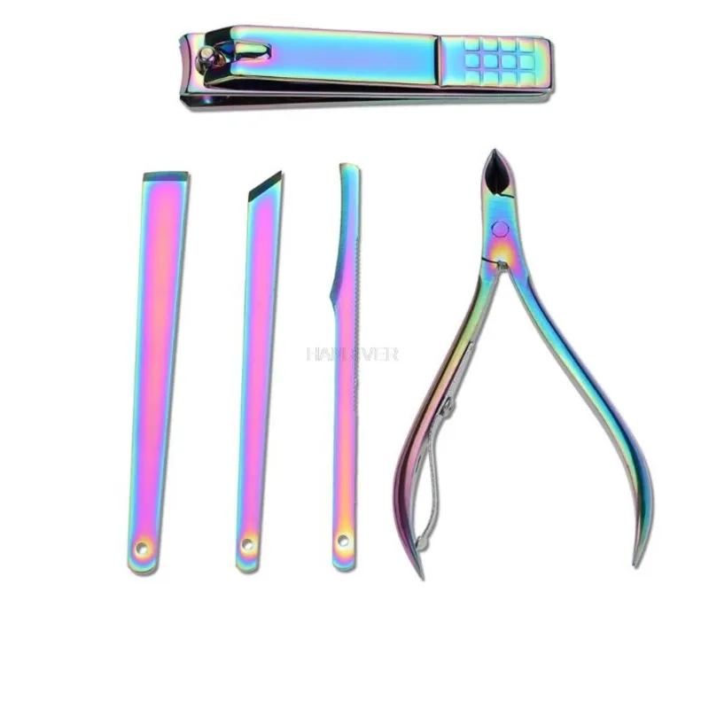 Set tagliaunghie arcobaleno Kit per manicure in acciaio inossidabile Forbici per unghie per uso domestico Pinzette Cucchiaio per orecchie Strumenti per manicure per unghie di bellezza