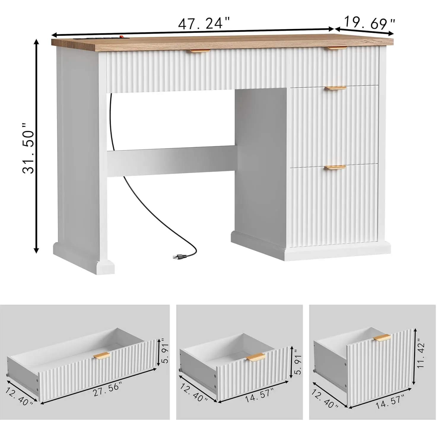 Fluted Executive Wooden Computer Desk With File Drawers & Storage, Office Workstation, Customized