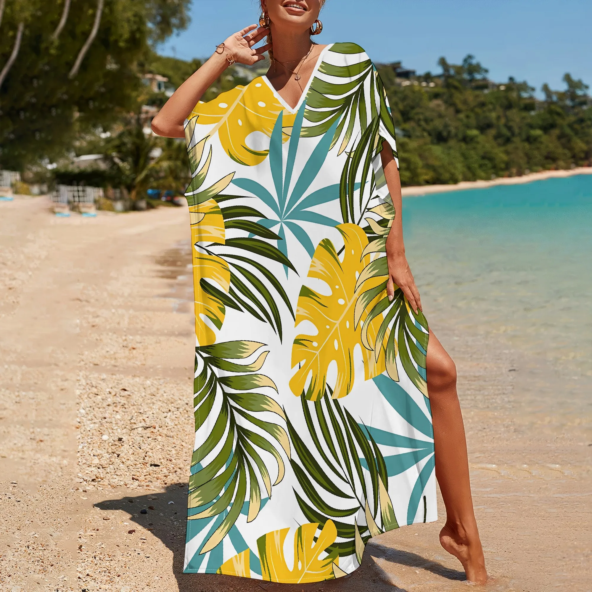 

Nupusa Colorful Leaf Print Kaftan Dress for Women Standard Size Summer Casual V Neck Short Sleeve Maxi Dress