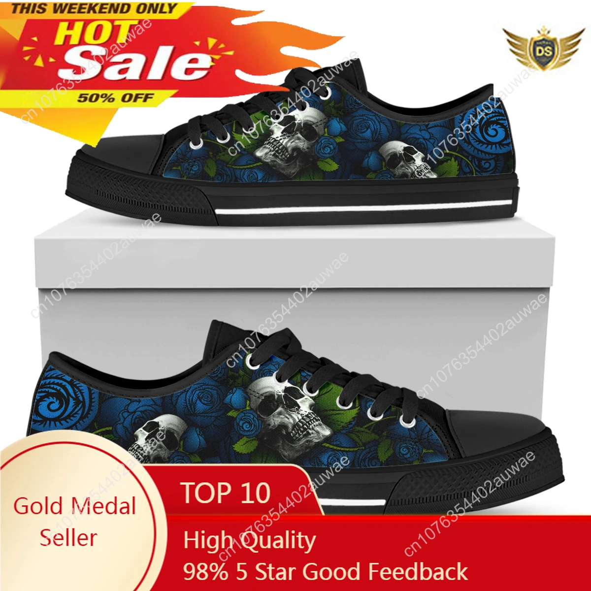 

Blue Rose Skull Shoes Casual Classic Sneakers Women Flats Shoes Canavs Lace-up Shoes Zapatos Plus Size 45 46