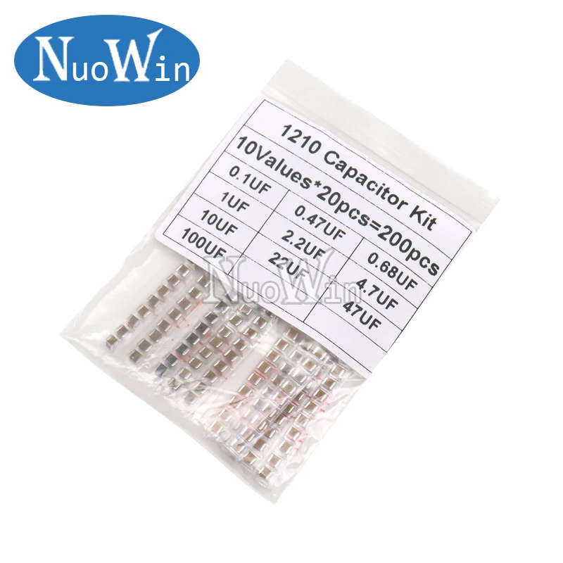 

200pcs 1210 SMD Capacitor Assorted Kit 10Values 0.1uF - 100uF 100nF 0.47uF 0.68uF 1uF 2.2uF 4.7uF 10uF Capacitance Samples Set