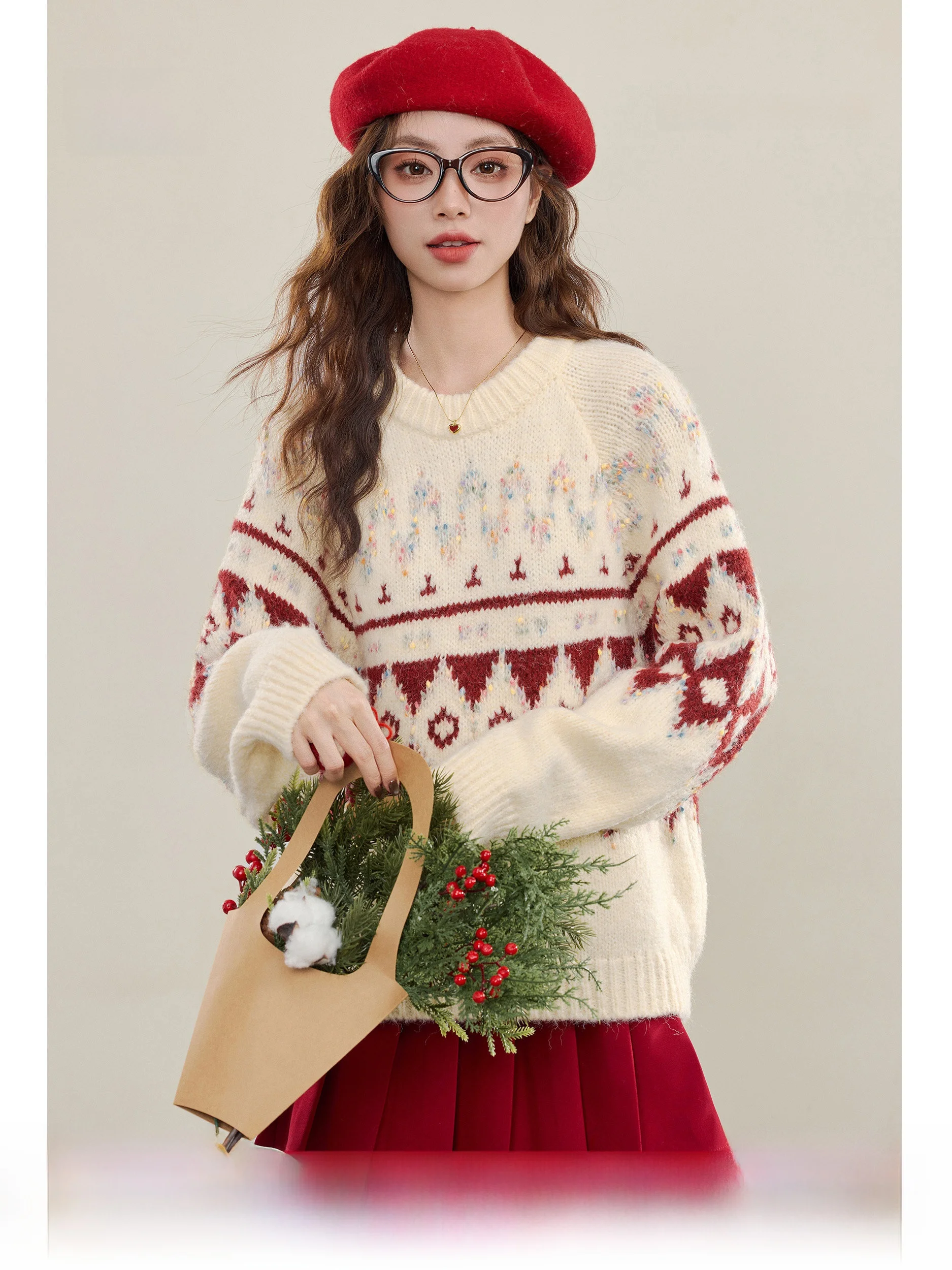 

Lingjiu Lazy Sle round Ne Knitted Sweater Women's Winter Thi New Year's Parwear Fair Isle Pullover Long Sve Top
