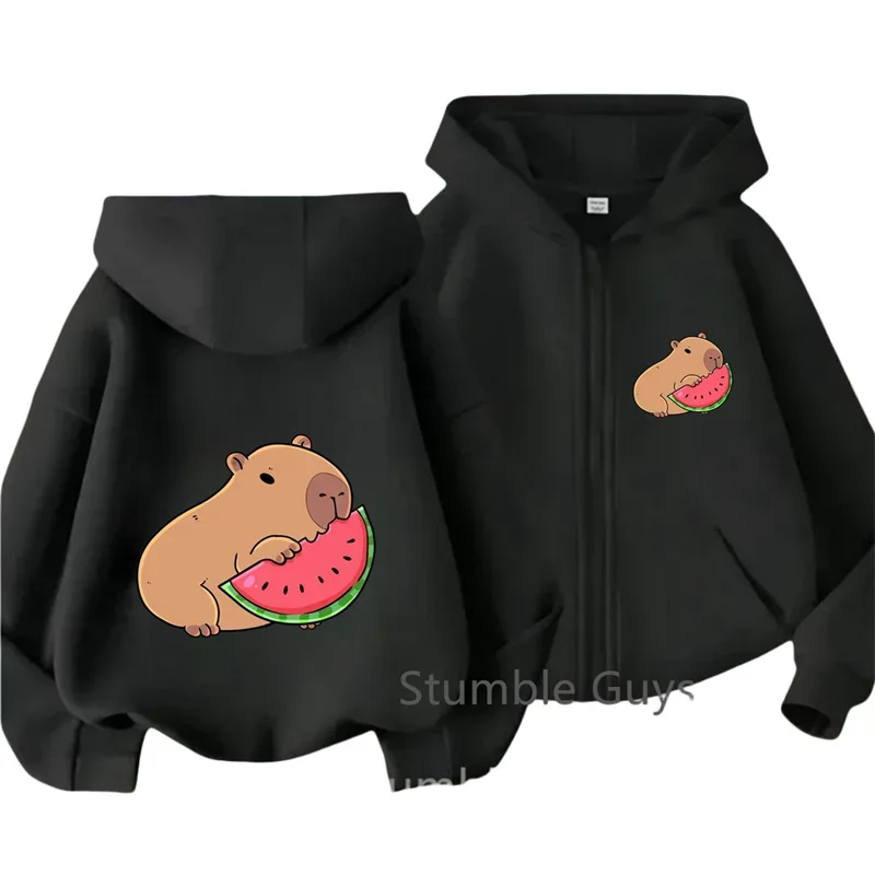 Kids Yellow Zip Up Hoodie Cartoon Capybara Eating Watermelon Print Loose Long Sleeve Outerwear