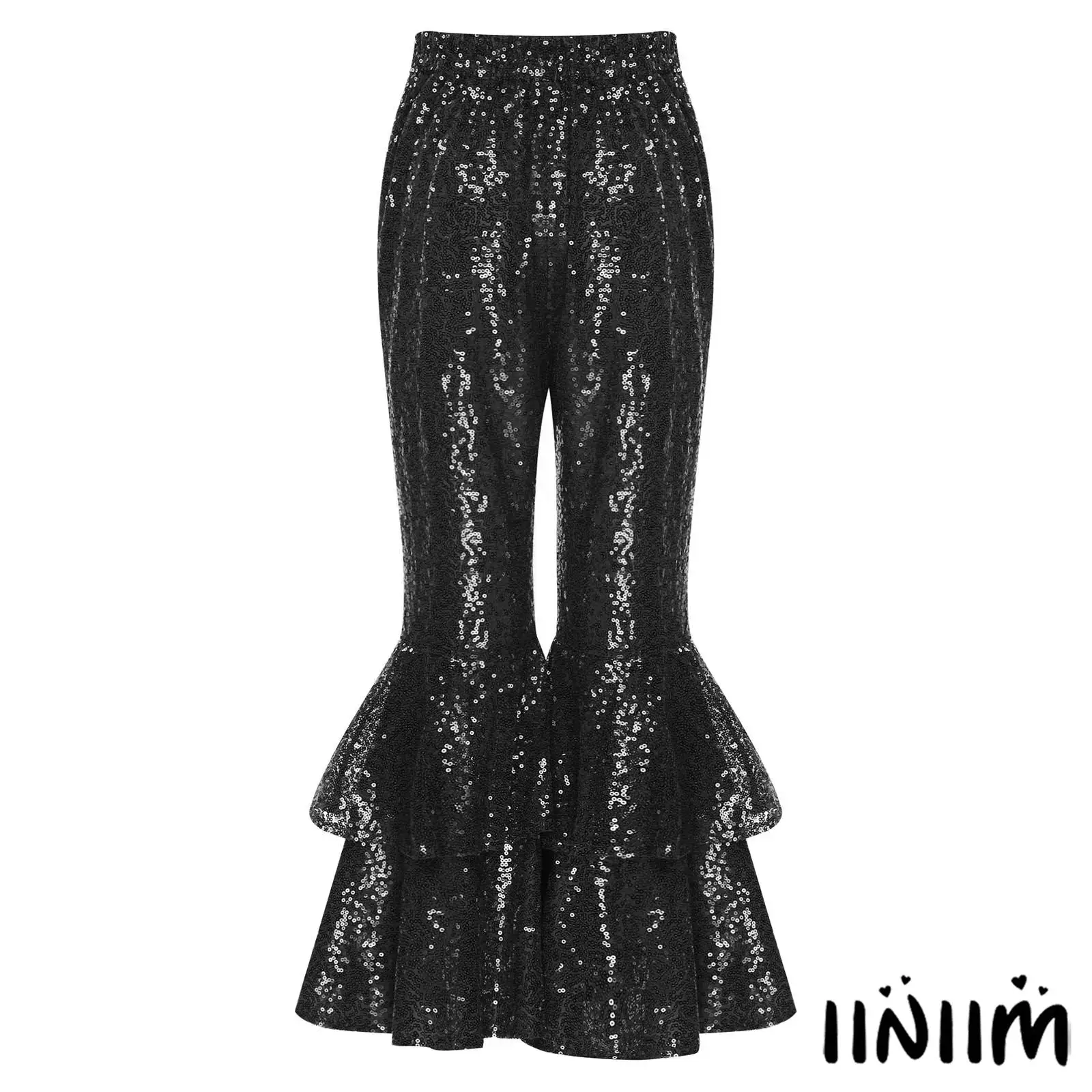 

Kids Girls Glittery Sequin Jazz Dance Flared Pants Tiered Bell Bottom Elastic Waistband Long Pants for Party Stage Disco Street