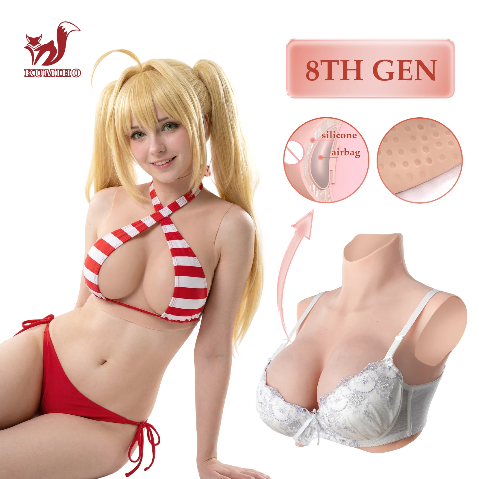 KUMIHO 8G Realistic Breast Form Silicone Fake Boobs with Airbag No Oil Sissy Fake Chest for Transgender Crossdresser Cosplay