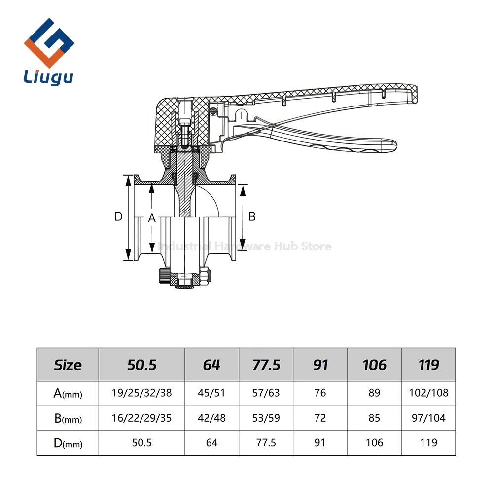 Sanitär-Tri-Clamp-Absperrklappe aus Edelstahl 304, Quetsch-Auslösegriff, 3/4"-4" Außendurchmesser, Durchflusskontrollventil für Milchprodukte und Brauen – Detail 13