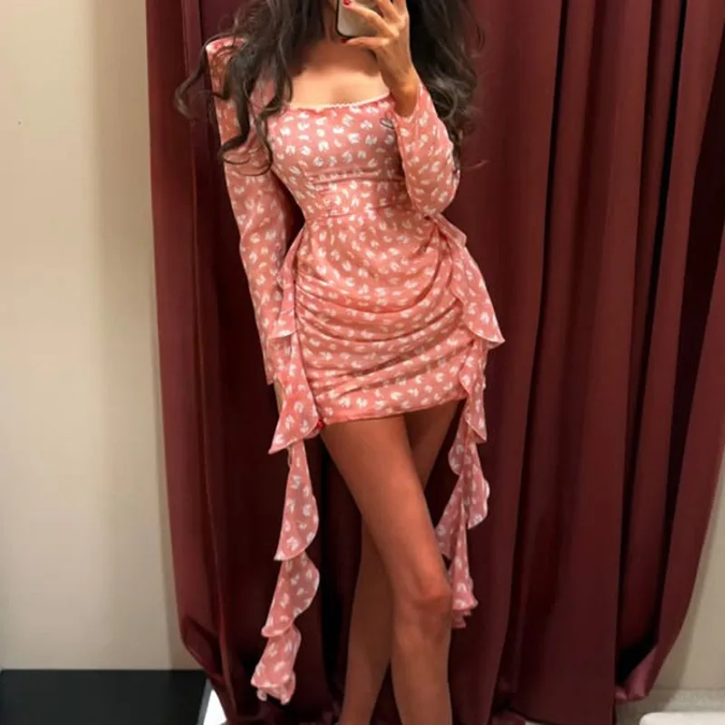 

Tsiisd Elegant Women's Pink Floral Mini Dress Lace-Up Ruffle Romantic Long Sleeve Bodycon Dresses Wedding Guest Evening Gowns