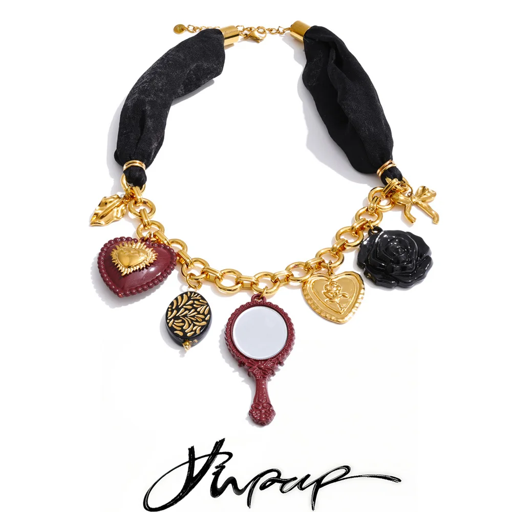 Yhpup Autumn Winter Style Black Polyester Cloth Chain Acrylic Heart Flower Mirror Drop Charm Necklace Stainless Steel Jewelry