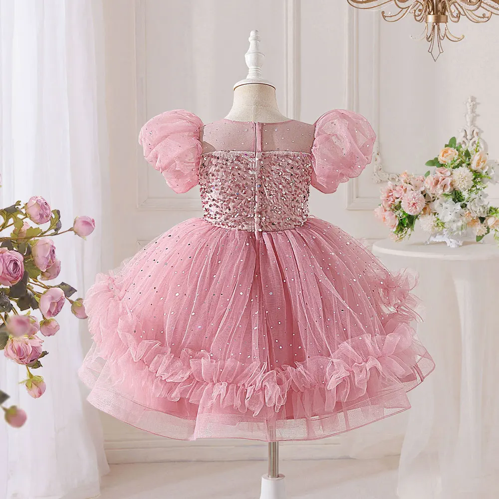 2026 Fashion Girls Sequin Dress Mesh Lace Short Sleeve Bow Girls Dresses for Party and Wedding Summer Girl Evening Gown 3-8 Y