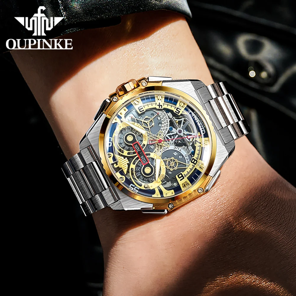 OUPINKE 3266 Mechanical Watch for Men Italian Designer Flywheel Multifunctional Dial Tungsten steel Strap Man Wristwatch