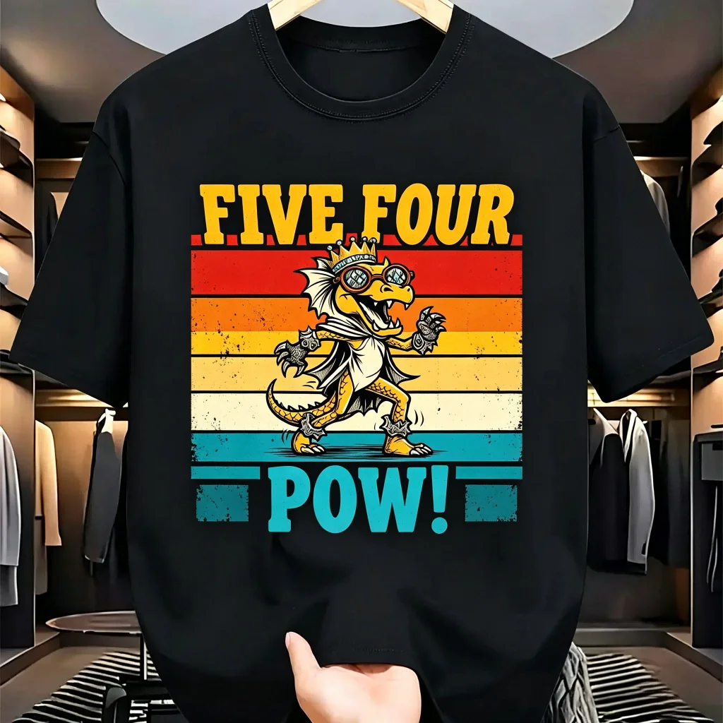 Camiseta de algodón negra para hombre Five Four Pow Dancing Dinosaur Retro Sunset Print Casual Tee