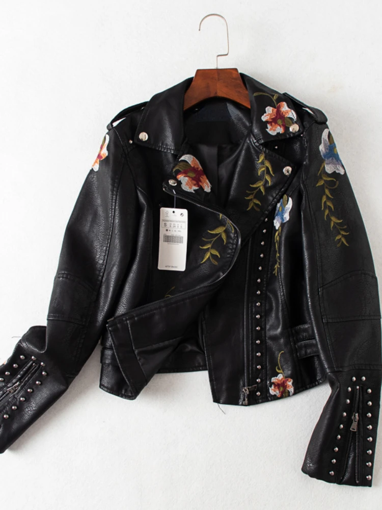 LY VAREY LIN New Spring Autumn Streetwear Rivet Pu Coat Women Fashion Print Embroidery Faux Leather Jacket Moto Biker Outwear