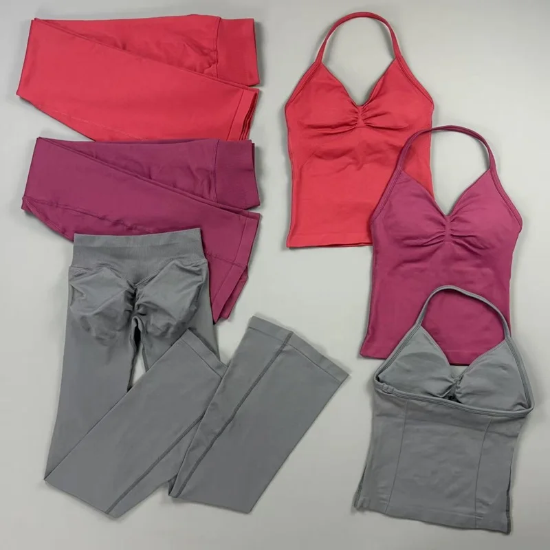 2 Pieces Gym Flare Legging Sets Women Seamless Longline Strappy Top Butt Lifting Yoga Pants Suit Sports Workout Fitness Set