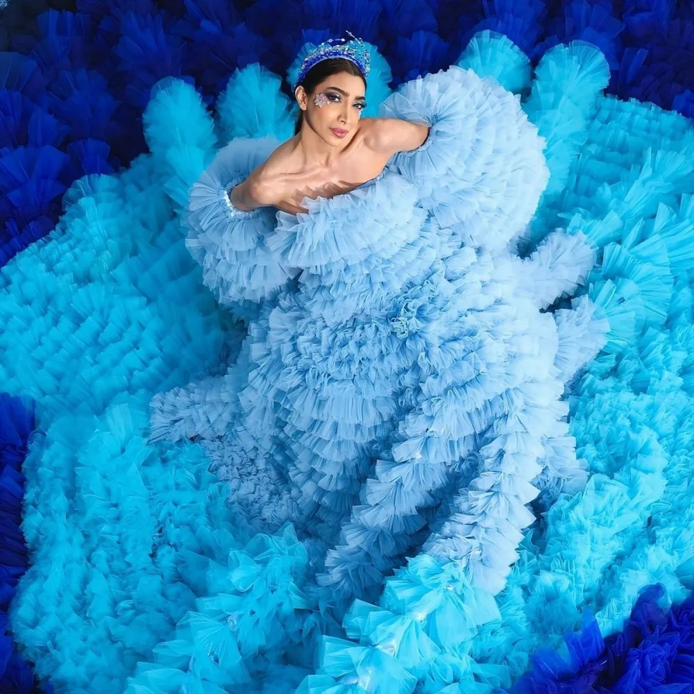 

Градиент цвета синие платья для выпускного вечера с открытыми плечами пышные длинные рукава многоуровневое свадебное платье свадебные платья для фотосессии