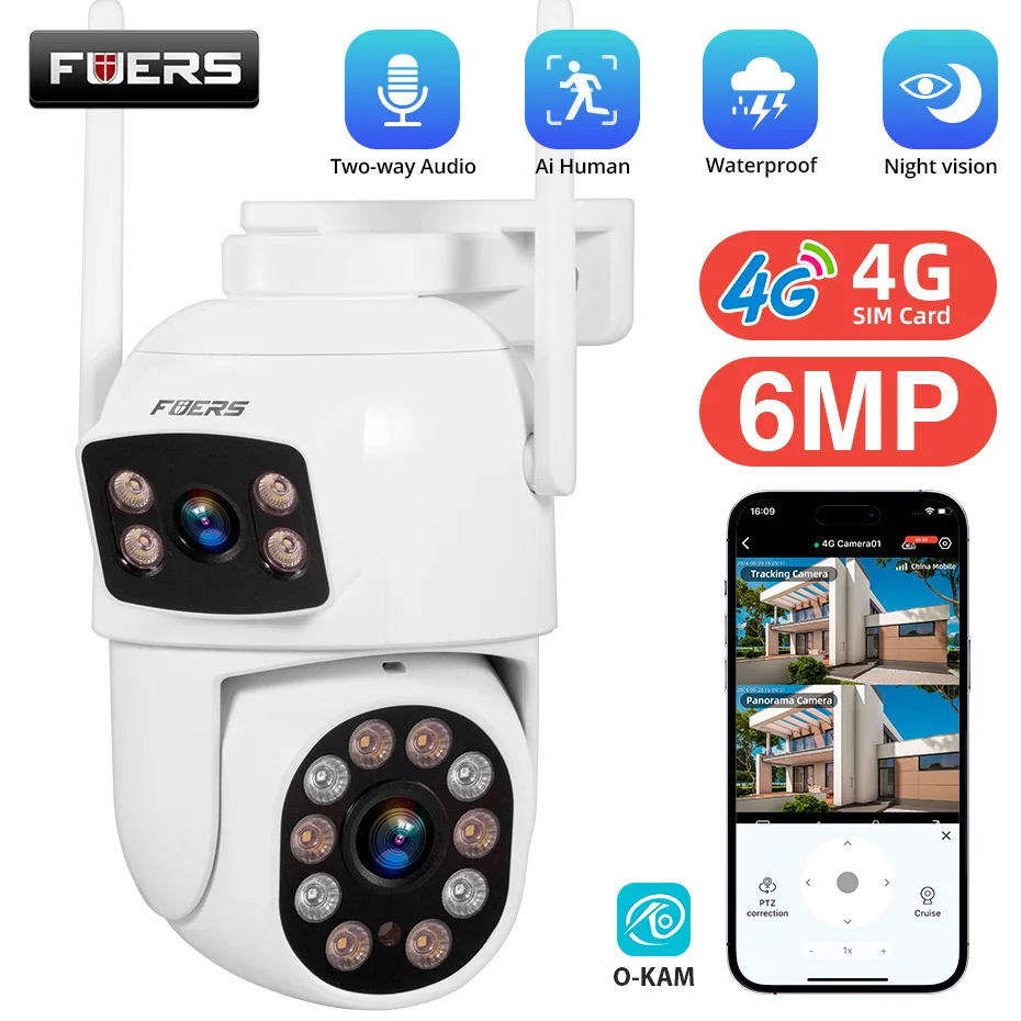 

Fuers 4G LTE 6MP PTZ Camera Outdoor SIM Card Security Camera CCTV Surveillance Color Night Vision Motion Detect Auto Tracking