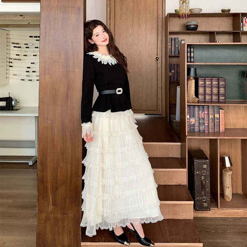 النمط الفرنسي ارتفاع الخصر مطوي تول تنورة المرأة تنوعا منتصف طول كعكة تنورة الطازجة الحلو نمط مريح مجموعة عادية #3