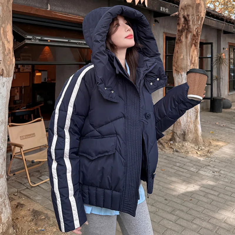 2025 Side Stripe Contrast Color Cotton-Padded Coat Women Korean Puffy Hooded Winter Jacket Big Pocket Zipper Thicken Warm Parkas