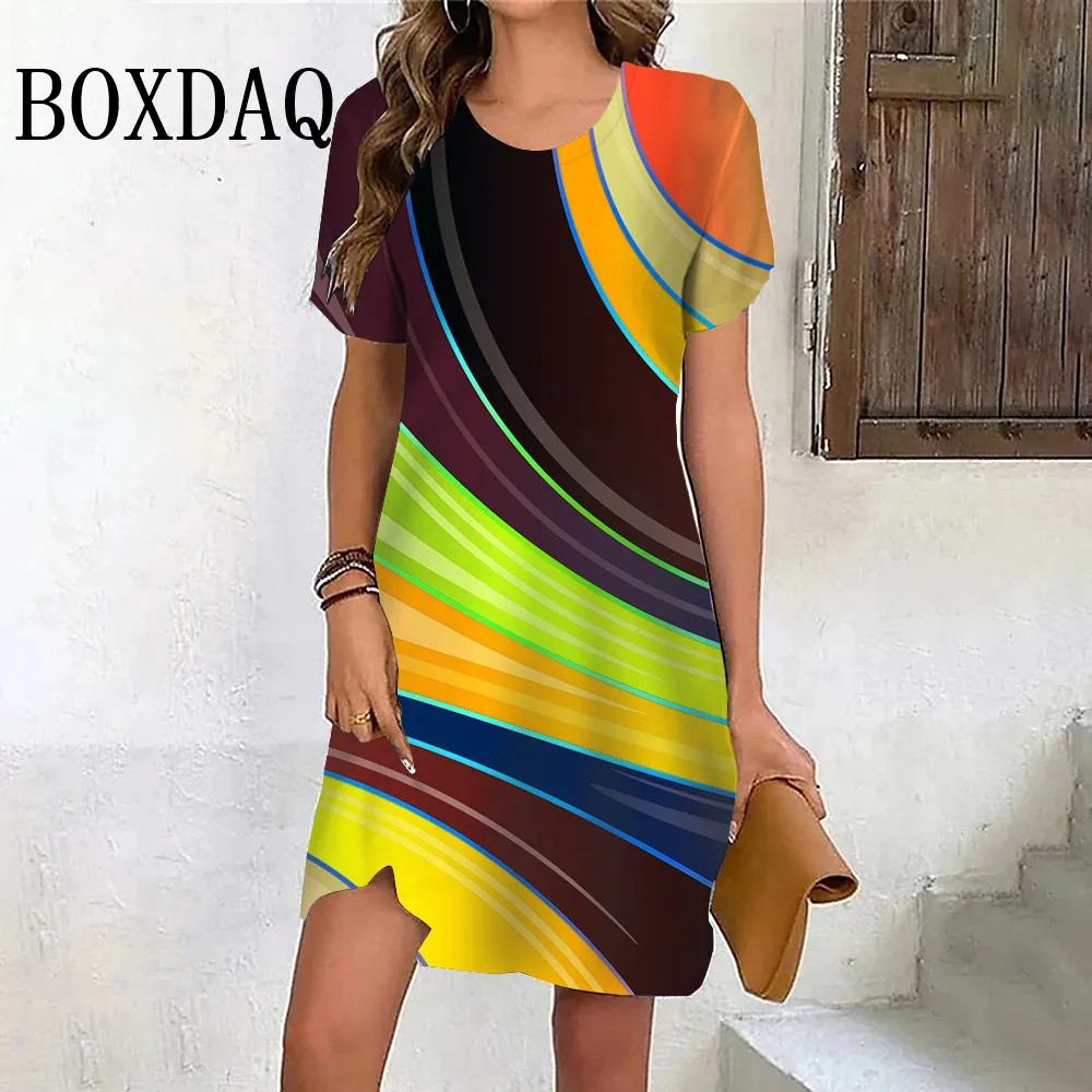 Rainbow Gradient Stripes Dress Women Fashion Elegant Casual Street Short Sleeve Loose Dress Summer Pullover Ladies A-Line Dress