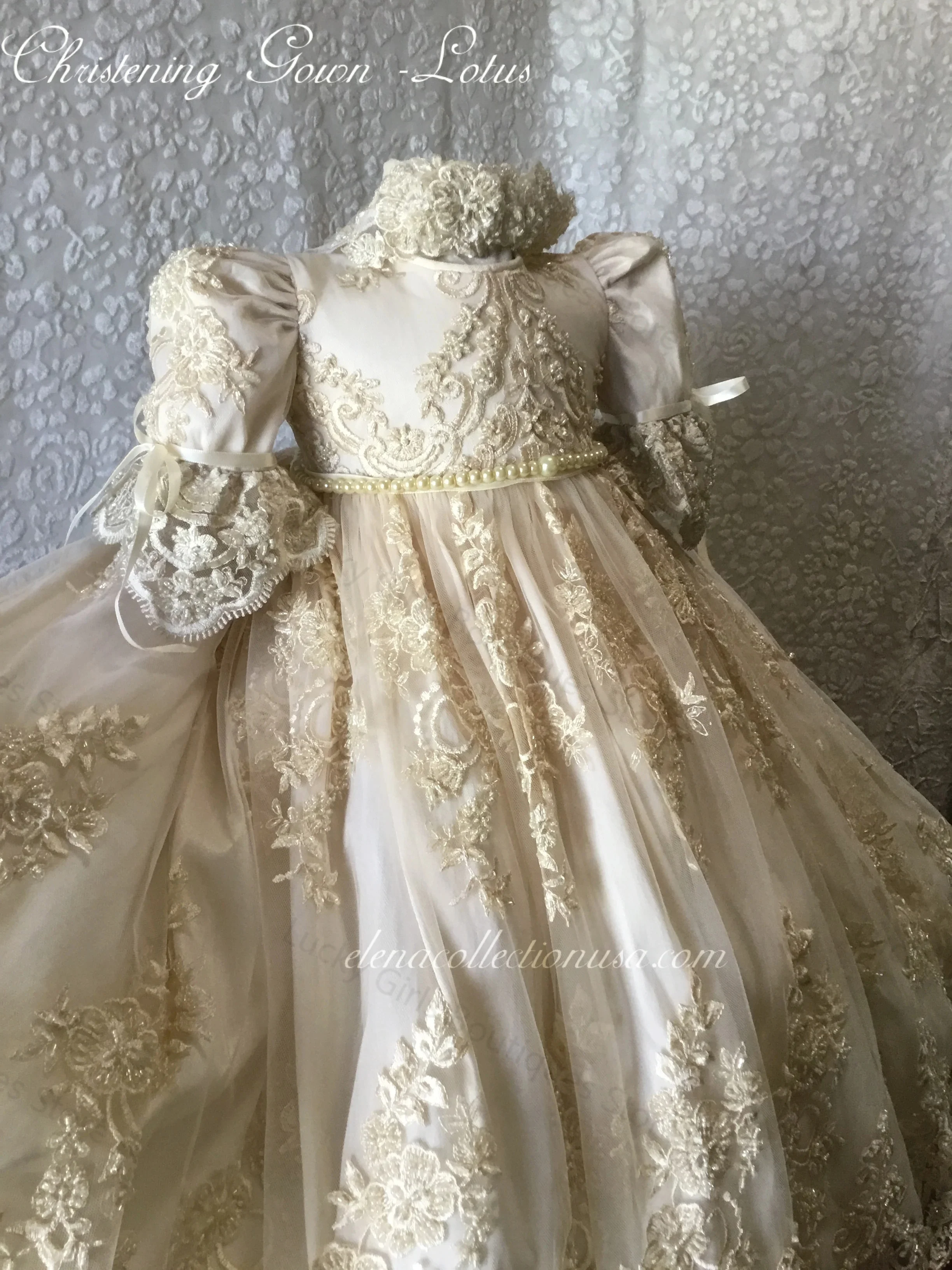Light Champagne Christening Gowns Lace Appliques Baby First Communion Dresses Ruched Beads Newborn Toddler Baptism Dresses image 3