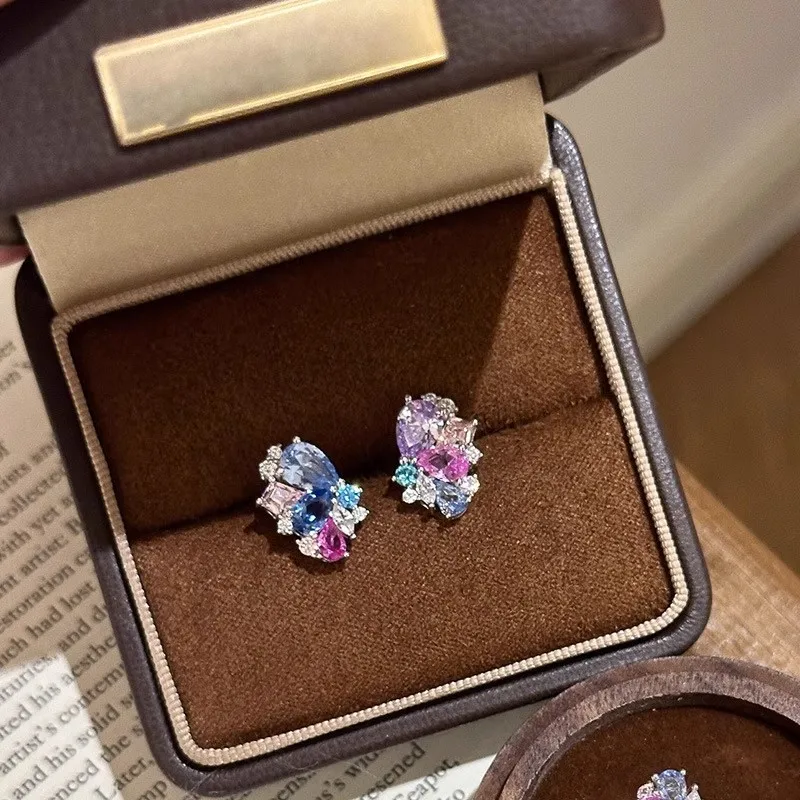 Amethyst Color Block Sparkling Diamond Open Pearl Ring Female Socialite's Thousand Gold Style Earrings