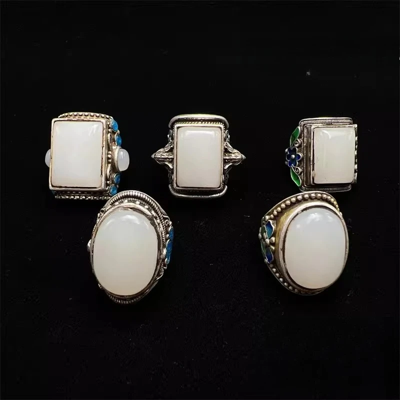 

old silver and Tibetan silver inlaid white jade rings, jewelry, ancient jade ring faces, blue - baked open - mouth jade rings