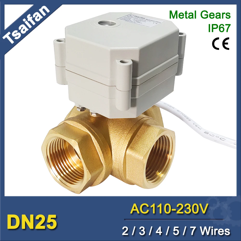 1'' (DN25) AC110V to 240V Power Fail Return Electric Actuated Valve Metal Gears, 3 Way Motorised Ball Valve Flow Direction