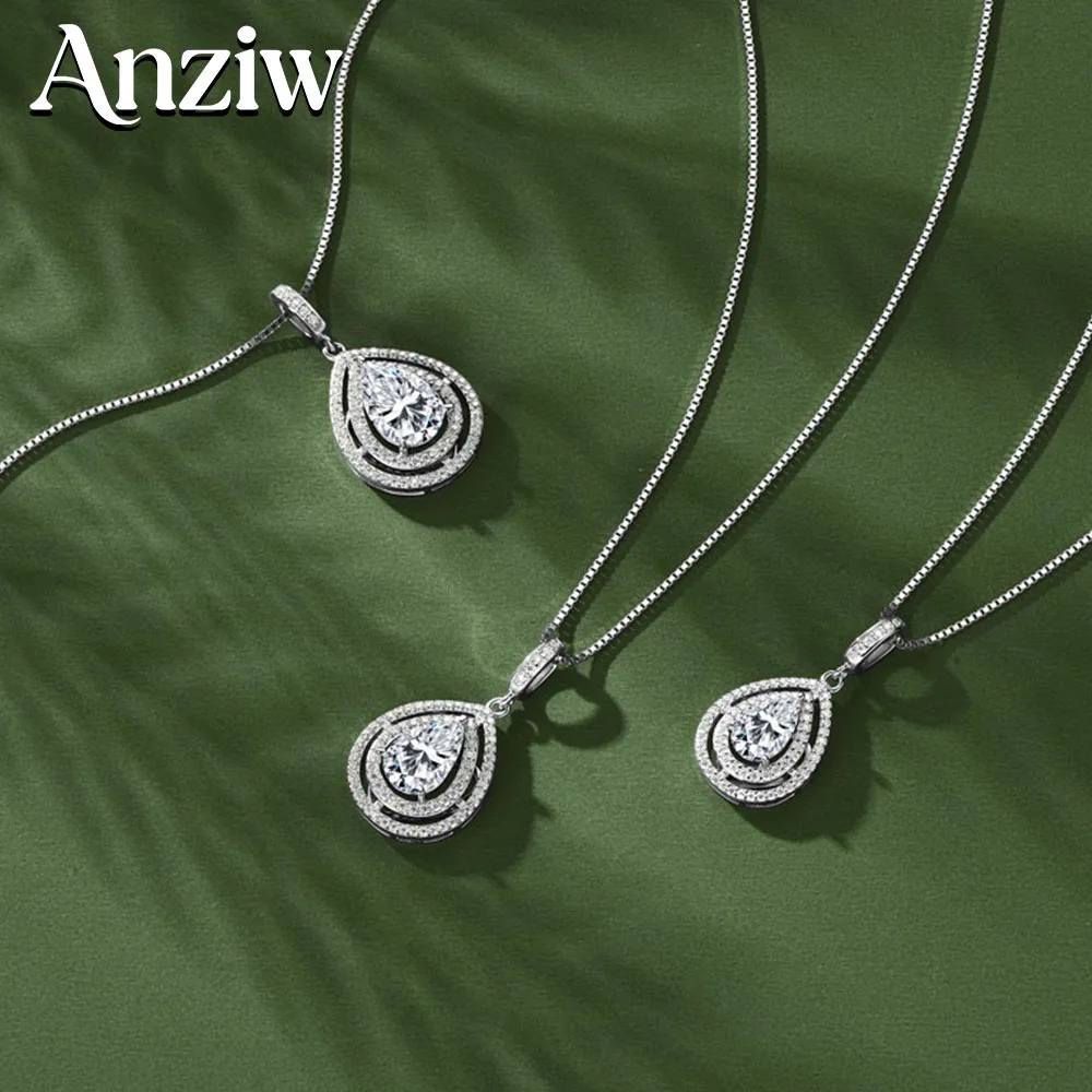 Anziw Moissanite Droplet Pendant Necklace for Women Original 925 Sterling Silver Wedding Party Bridal Fine Jewelry Necklace Gift