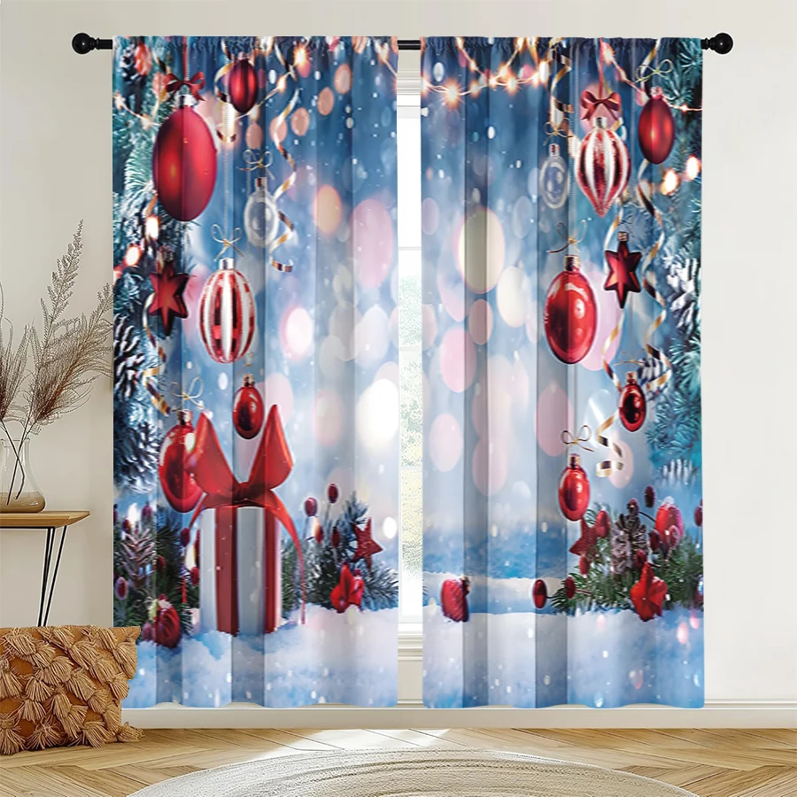 2PCS Christmas Winter Curtains, Ornament Gift Snow Scene, Digital Print, Bedroom Living Room, Rod Pocket Polyester, Home Decor