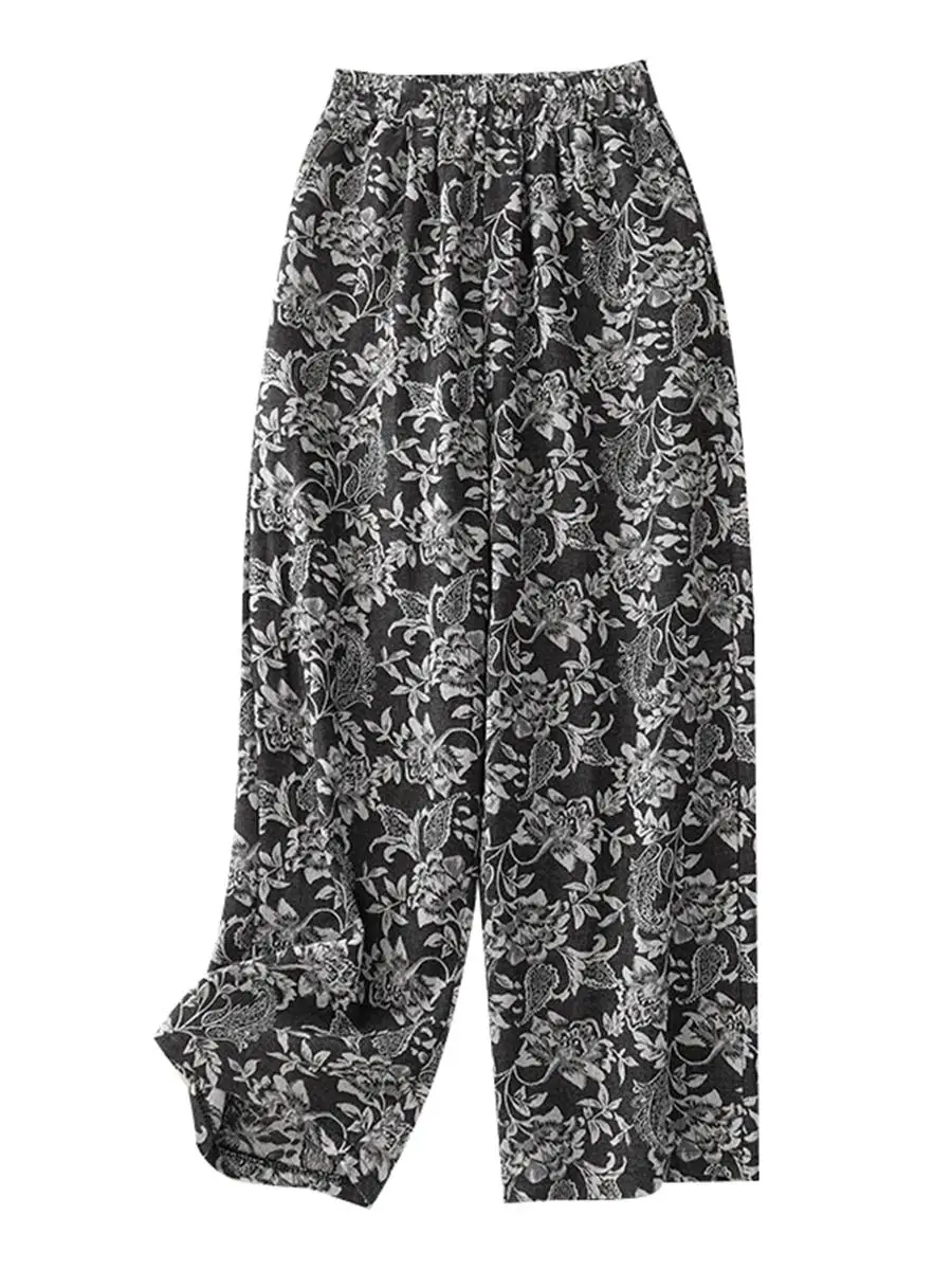 Pantalones de pierna recta de cintura alta, pantalones largos de pierna ancha bordados étnicos para mujer de talla grande, corte cómodo informal