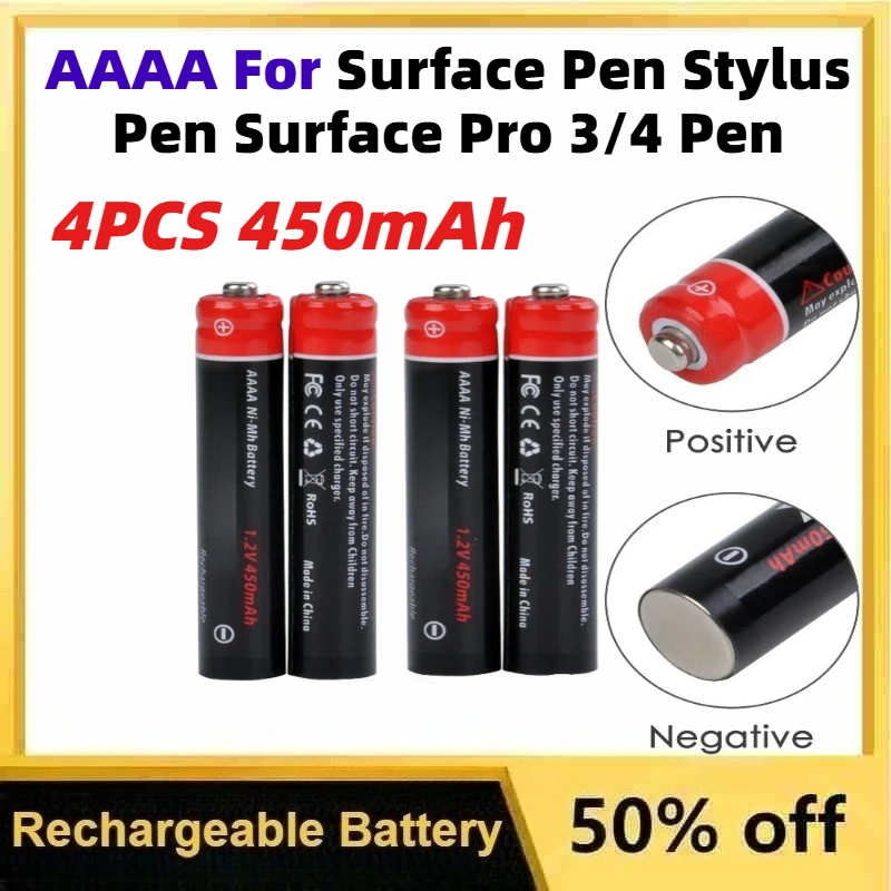 4PCS 450mAh AAAA Ni-Mh Rechargable Battery for Stylus Pen Surface Pro 3/4 Pen Digital Pen MS Replaceable Battery