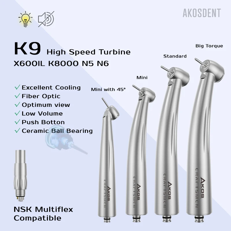 AKOS High Speed Handpiece LED Turbine Mini Torque Head Nsk Type X600l With Fiber Optic Quick Coupling 45 Degree