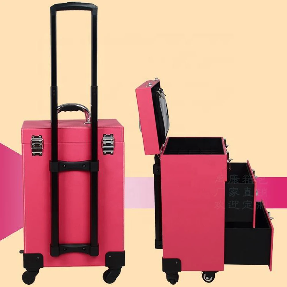 Hot Selling Expandable Makeup Trolley Case 4 Wheels Large Capacity Aluminum Train Case for Nail Polish Organizer Cosmetic Case
