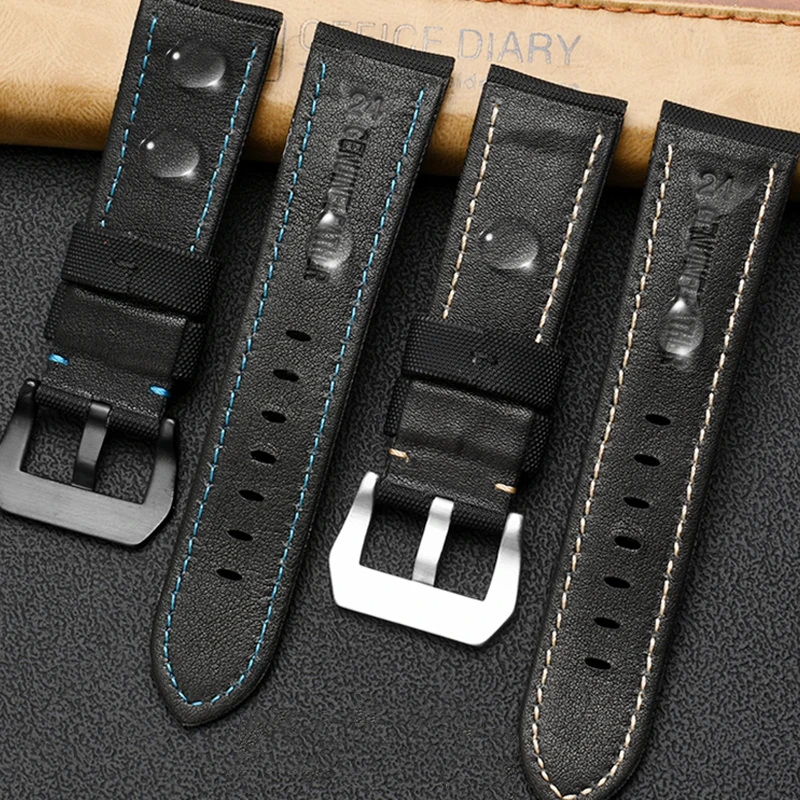 22mm 24mm 26mm Nylon Texture Leather Watchband Watch Strap for Panerai 441 799 616 PAM01661 Sports Watch Bracelet Black Blue