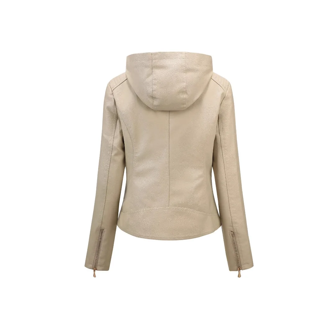 Women Hooded PU Lacket Fashion Slimming Fit Thickened Coat with Hat Autumn Winter Collection Zipper Style Leather Clothing