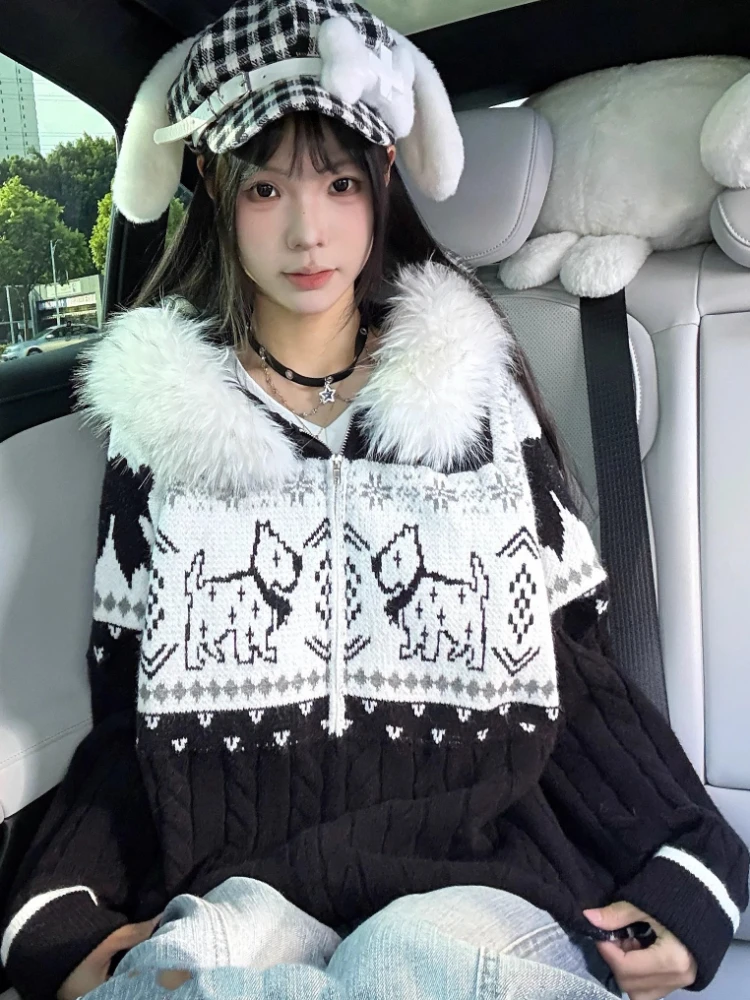 سترة نسائية كلاسيكية بقلنسوة من الفرو الصناعي الأمريكي سترة نسائية كبيرة الحجم مطبوعة برسومات كلاب لطيفة سترة متماسكة ملابس خارجية شتوية مريحة #2