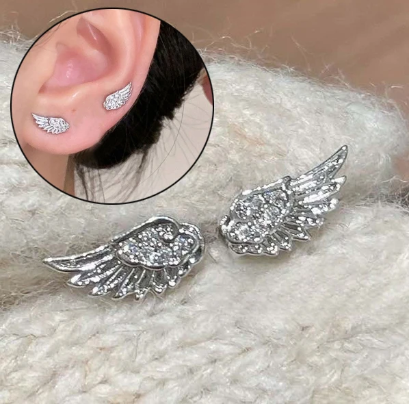 Fashion Zircon Angel Wings Stud Earrings for Women Luxury Shiny Crystal Creative Wings Silver Color Ear Studs Jewelry Gifts