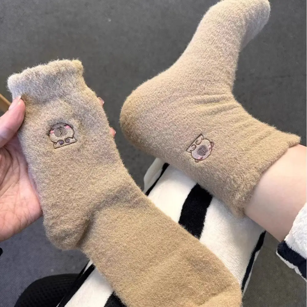 5Pairs Fashion Fleece Capybara Socks Ruffle Kawaii Thicken Warm Sock Winter Female Hosiery Cartoon Tube Socks Winter Fall