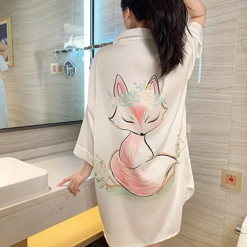 Camisón de seda satinada con manga corta y volantes para mujer, pijama Sexy con estampado de cerezas y oso pequeño, estilo princesa, cárdigan de verano