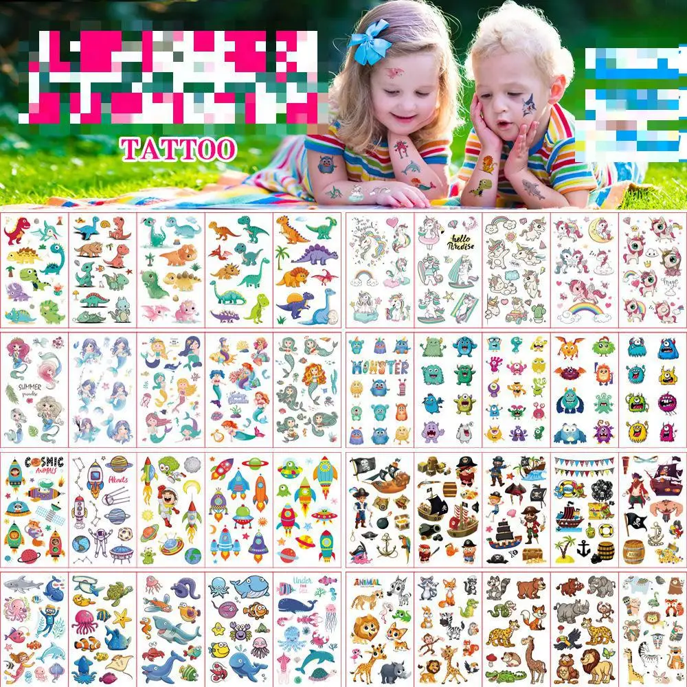 10 Stück Kinder Cartoon Tattoo Aufkleber Wasserdicht Niedlich Uhr Tier Dinosaurier Einhorn Meerjungfrau Blume Fee Pirat Gesicht Aufkleber