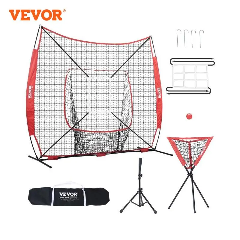 VEVOR 7ft x 7ft Portable Baseball Softball Practice Training Net for Hitting Catching Pitching with Carry Bag Ball Collector