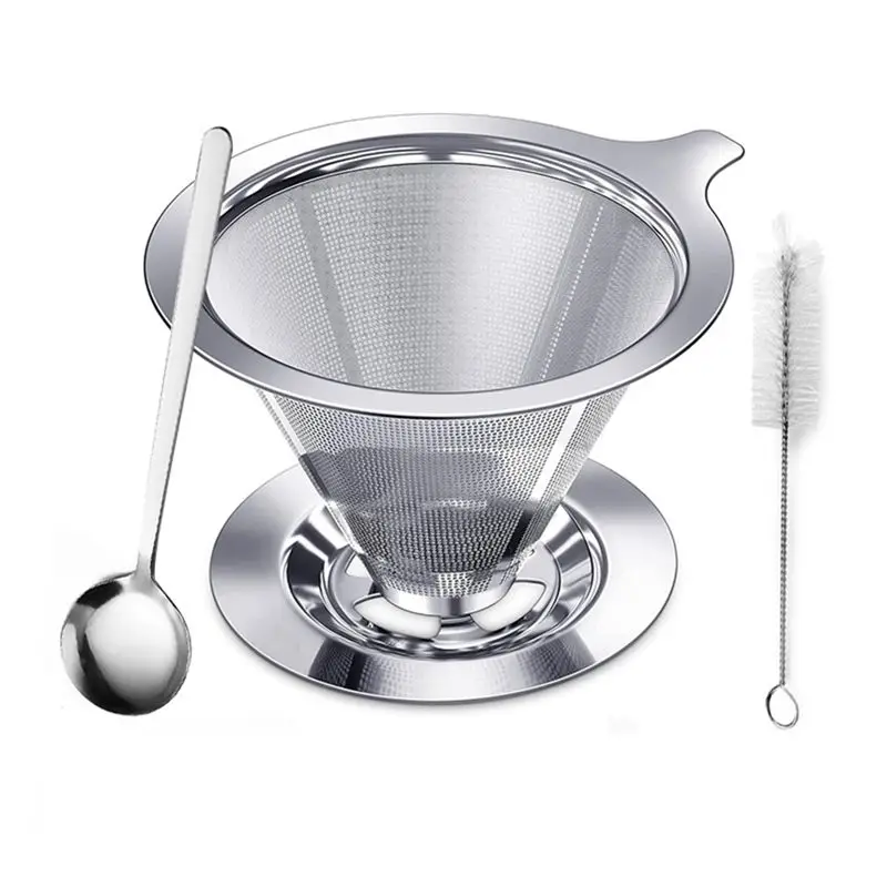 A20F-Stainless Coffee Filter Reusable Double Layer Filters Funnel Coffee Dripper Filter Cup Durable Coffee Tools