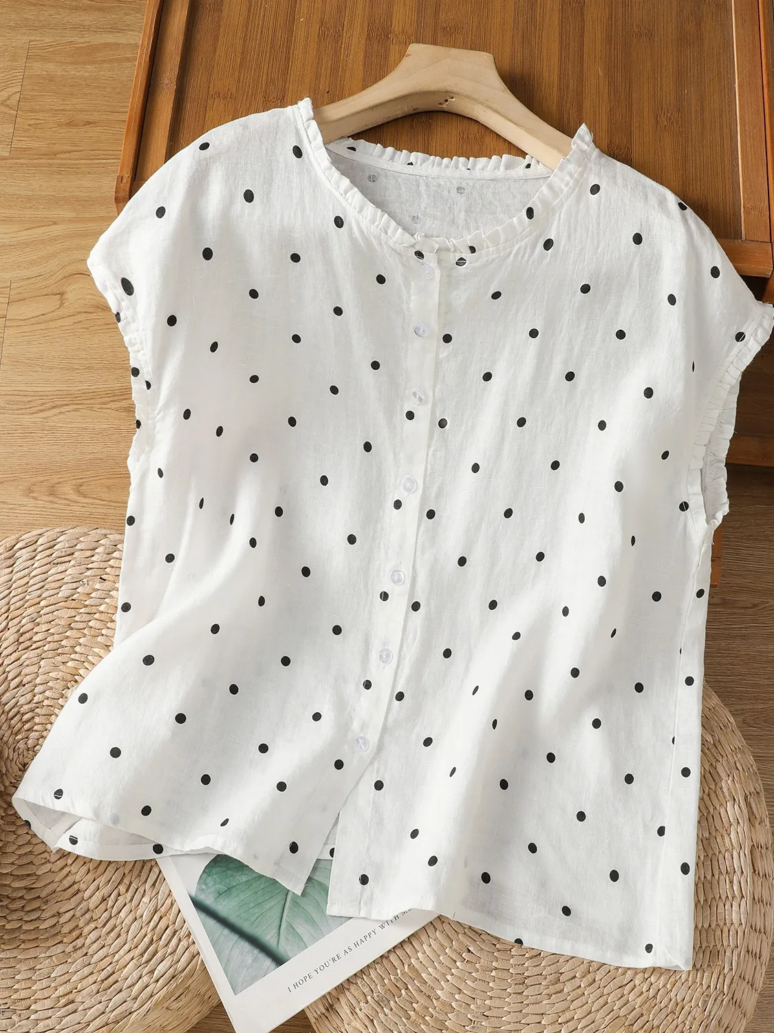 Csa Sem Mangas de Aodão e Linho com Estampa de Poá Retro para Mulheres, Csa de Verão de Alta Qualidade com Gola Earlet