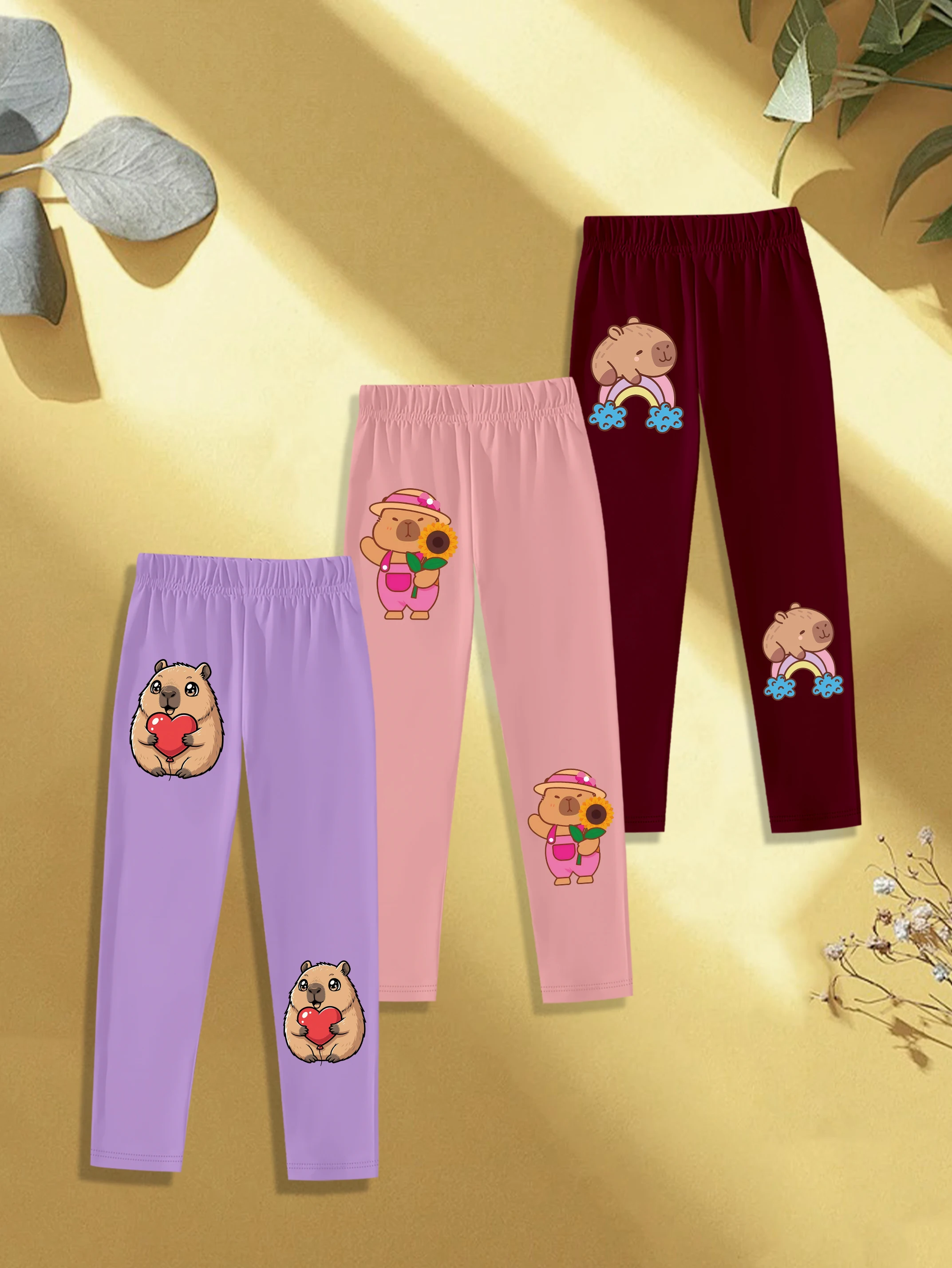 3 pieces: Autumn Girls Leggings Cute Capybara Hug Heart Sunflower Rainbow Print Sweet Bottoms
