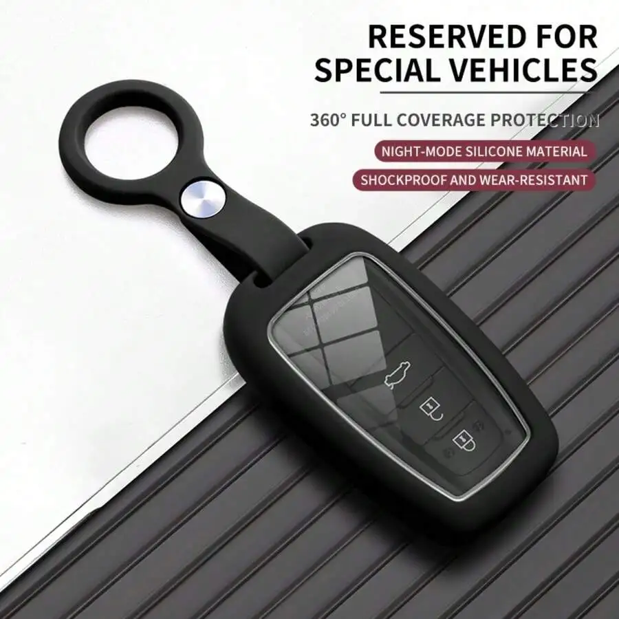 Liquid Silicone Key Fob Cover With Keychain For Camry RAV4 Highlander Corolla Avalon Venza C-HR Sienna Tacoma Tundra, 360° Full