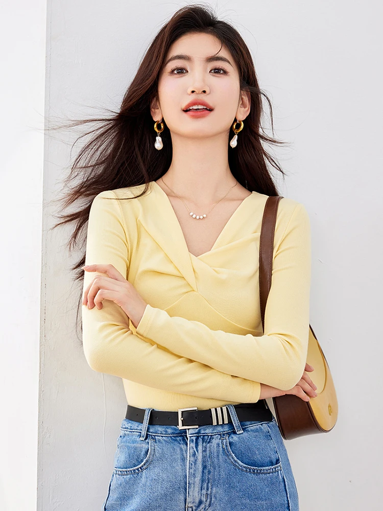 Women T-shirt Long Sleeve V-Neck Chest Knot Slim Knitwear Top 2024 Autumn New Base T-shirt Fashion Pullover