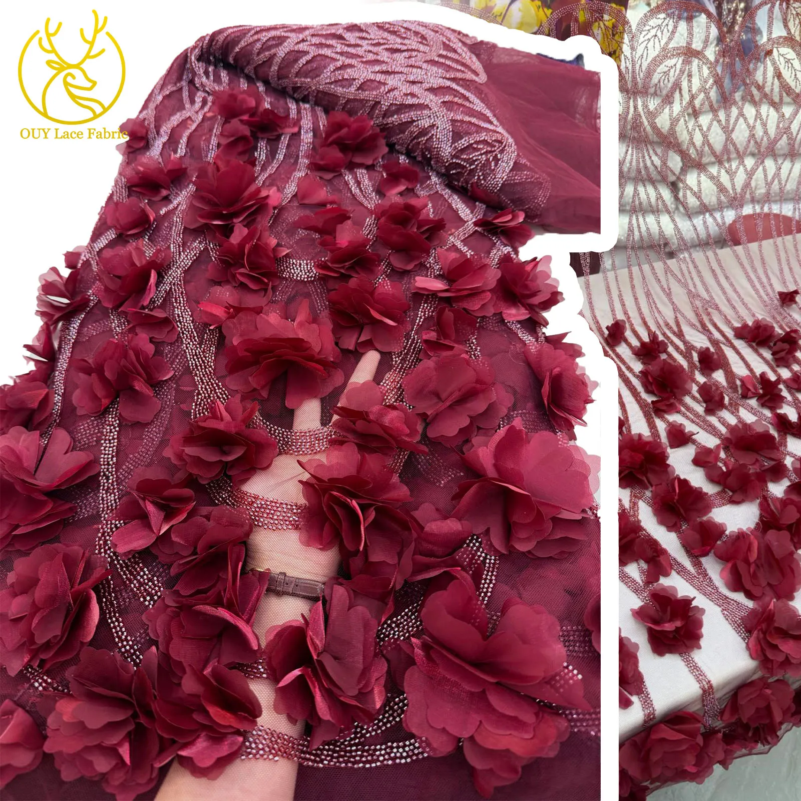 

3D Floral Elegant Beaded Sequins Embroidered French Bridal Tulle Lace African Nigerian Fabric For Evening Dress Wedding 5 Yards
